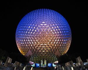 Spaceship Earth at Epcot at night.