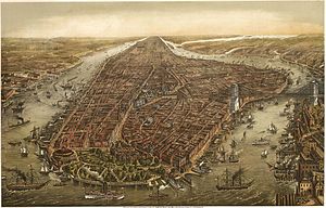 English: Bird's eye panorama of Manhattan & Ne...